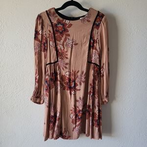 Zara Brown Floral Long Sleeve Chiffon Dress Size 9